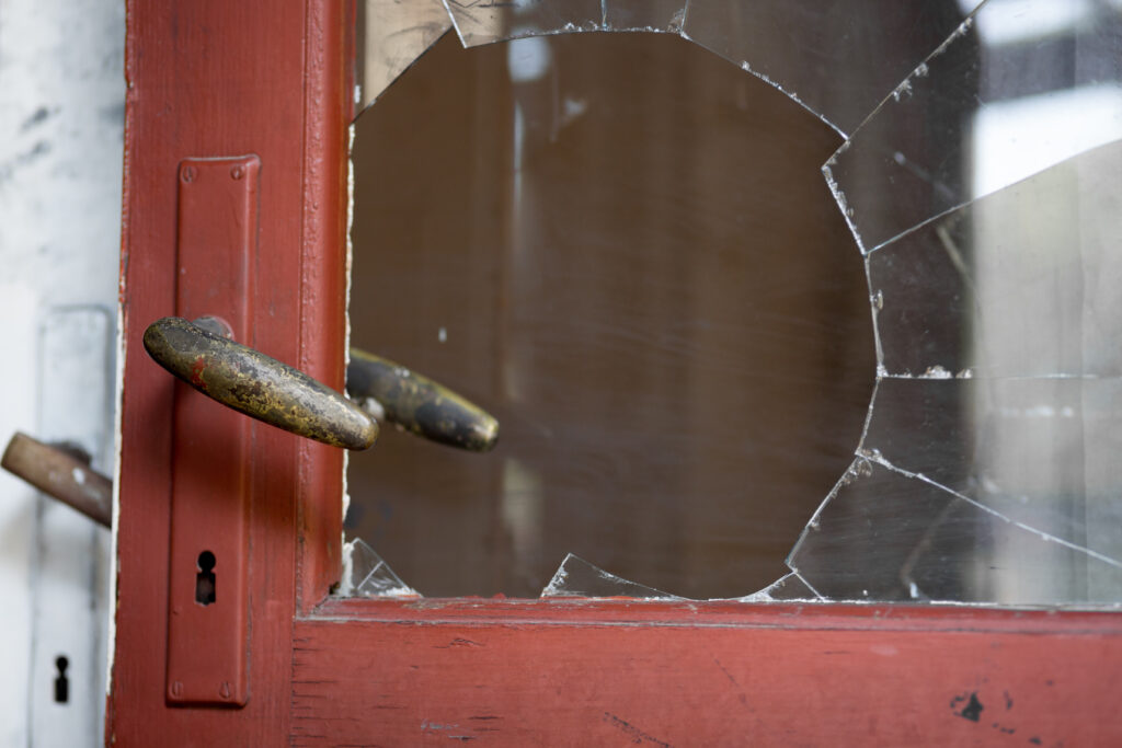 Color picture of a burglary crime scene with fingerprints